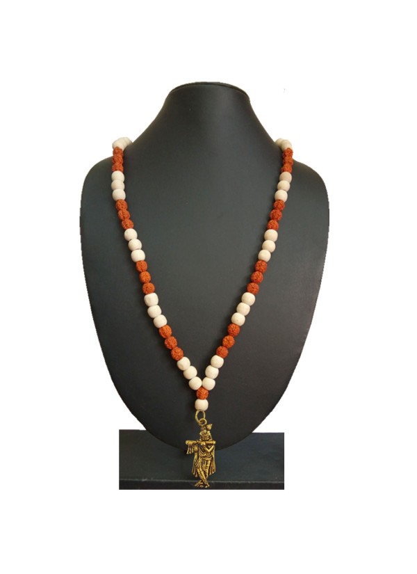 Shri Krishna Pendant White Tulsi Beads, Rudraksha Mala Wood, Brass Pendant