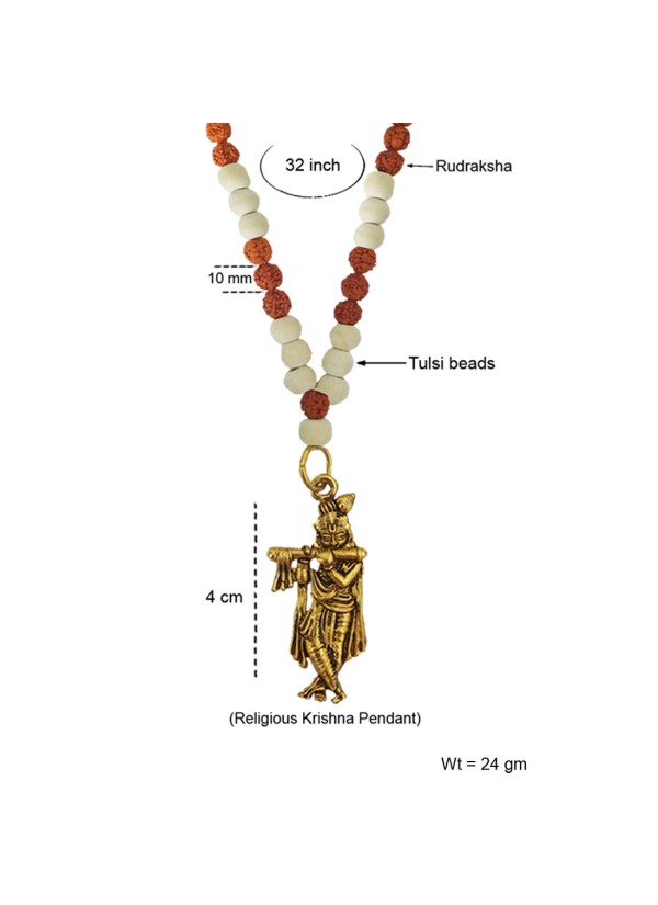 Shri Krishna Pendant White Tulsi Beads, Rudraksha Mala Wood, Brass Pendant