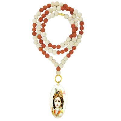 Bal Gopal Krishna Pendant With White Tulsi Beads, Rudraksha Mala Wood Pendant