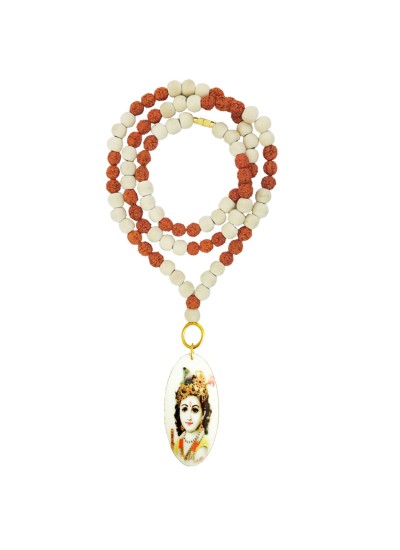 Bal Gopal Krishna Pendant With White Tulsi Beads, Rudraksha Mala Wood Pendant