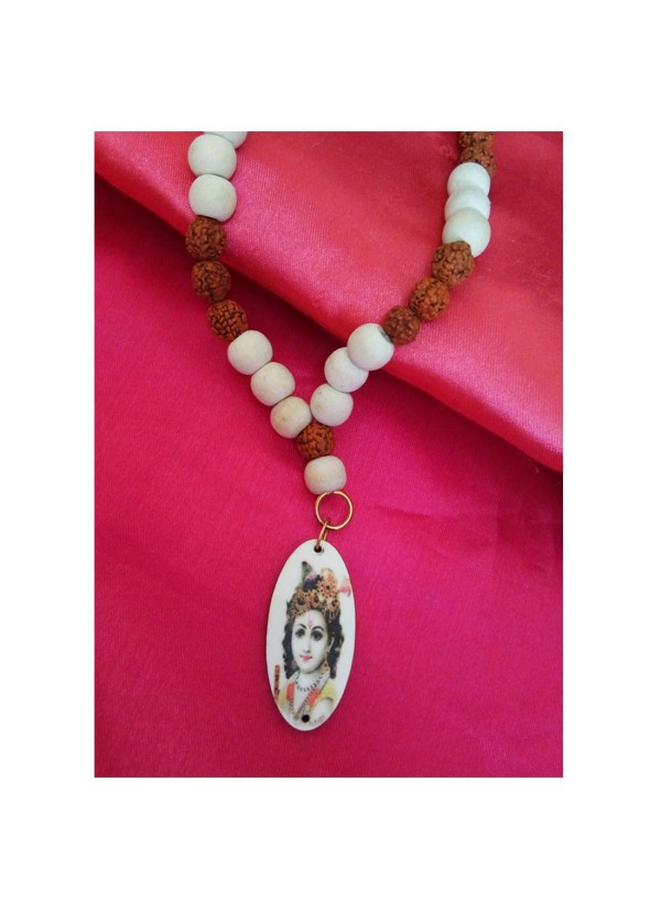 Bal Gopal Krishna Pendant With White Tulsi Beads, Rudraksha Mala Wood Pendant