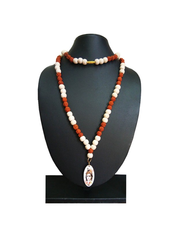 Bal Gopal Krishna Pendant With White Tulsi Beads, Rudraksha Mala Wood Pendant