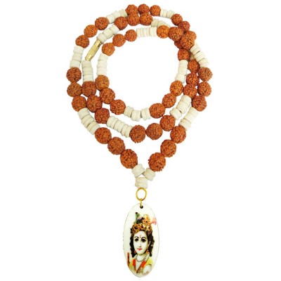 Bal Gopal Krishna Pendant With White Tulsi Beads, Rudraksha Mala Wood Pendant