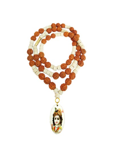 Bal Gopal Krishna Pendant With White Tulsi Beads, Rudraksha Mala Wood Pendant