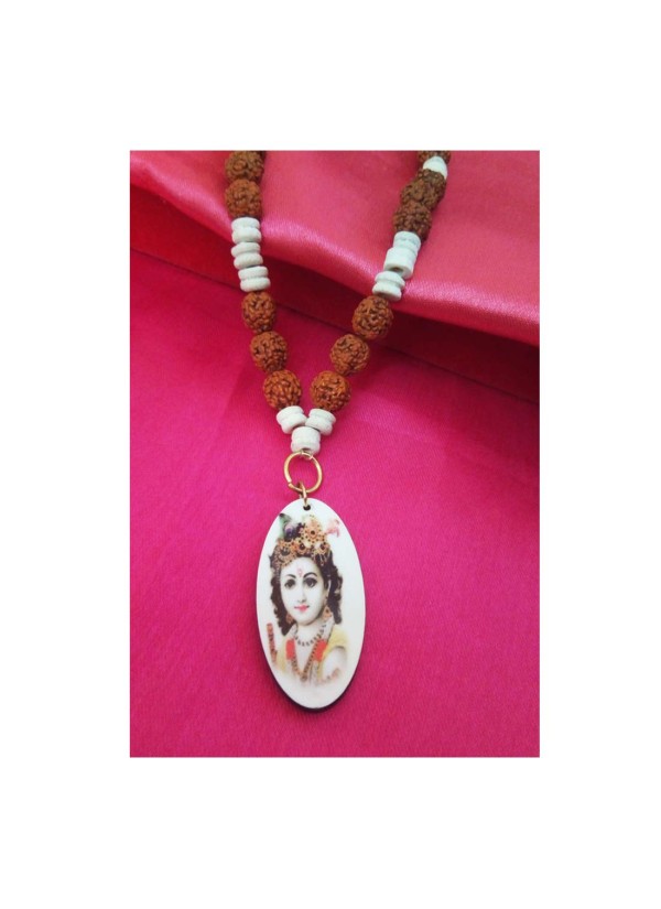 Bal Gopal Krishna Pendant With White Tulsi Beads, Rudraksha Mala Wood Pendant