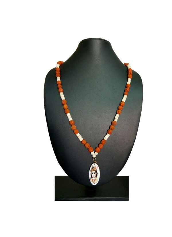 Bal Gopal Krishna Pendant With White Tulsi Beads, Rudraksha Mala Wood Pendant