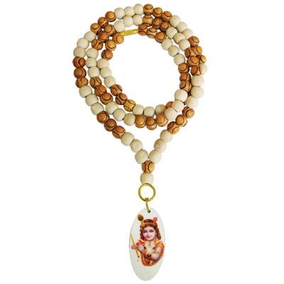 Bal Gopal Krishna Pendant With White Tulsi with Rose Beads Mala Wood Pendant