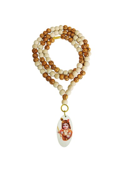 Bal Gopal Krishna Pendant With White Tulsi with Rose Beads Mala Wood Pendant