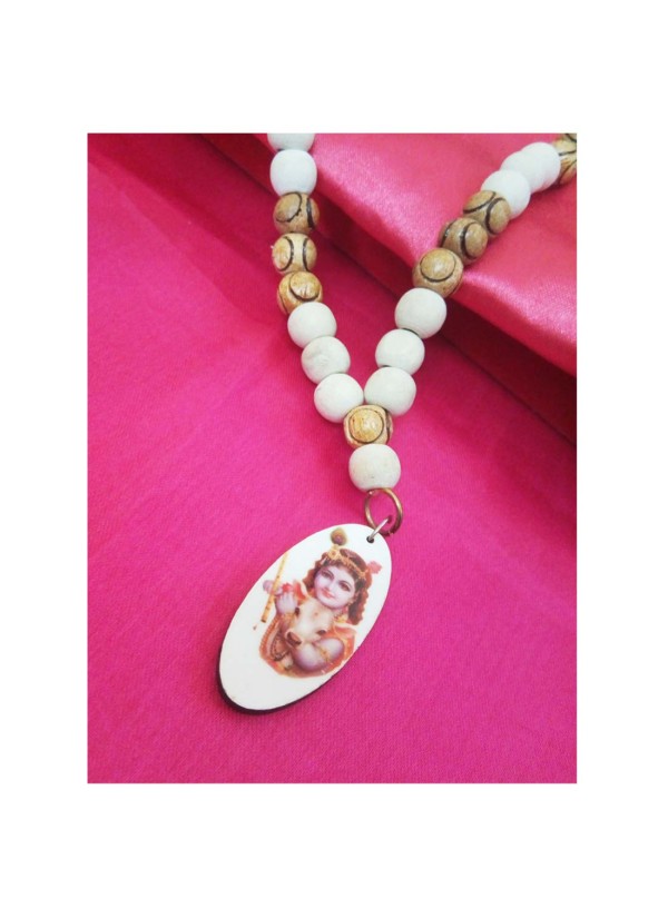 Bal Gopal Krishna Pendant With White Tulsi with Rose Beads Mala Wood Pendant