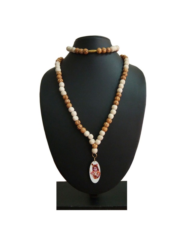 Bal Gopal Krishna Pendant With White Tulsi with Rose Beads Mala Wood Pendant