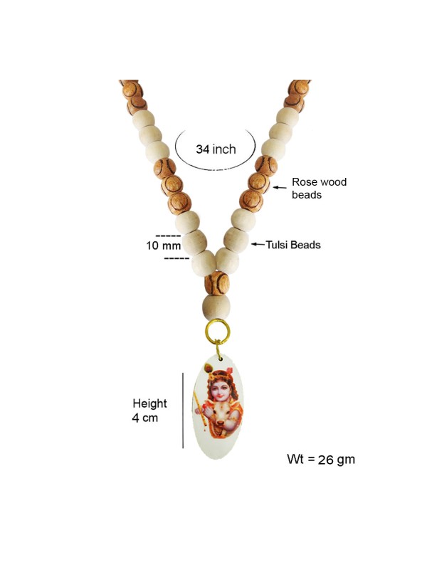 Bal Gopal Krishna Pendant With White Tulsi with Rose Beads Mala Wood Pendant