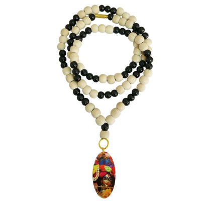 Bal Gopal Krishna Pendant With White Tulsi Beads, Black Onyx Beads Mala Wood, Stone Pendant
