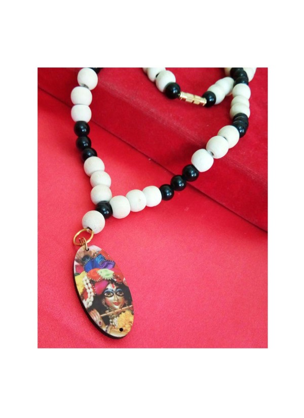 Bal Gopal Krishna Pendant With White Tulsi Beads, Black Onyx Beads Mala Wood, Stone Pendant