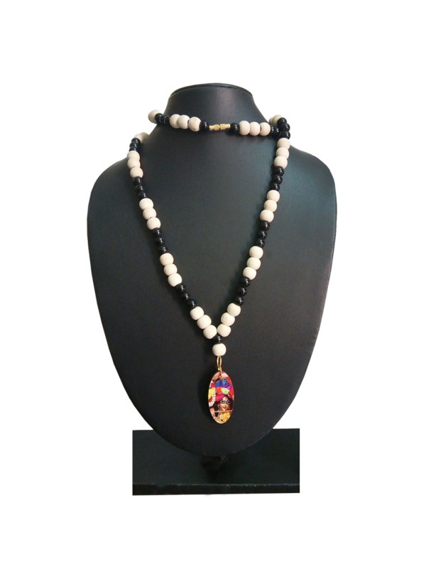 Bal Gopal Krishna Pendant With White Tulsi Beads, Black Onyx Beads Mala Wood, Stone Pendant