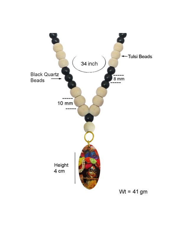 Bal Gopal Krishna Pendant With White Tulsi Beads, Black Onyx Beads Mala Wood, Stone Pendant