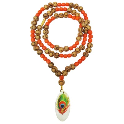 Religious Mayur Pankh Peacock Feather Wooden, Moonga Beads Mala Wood, Stone Pendant