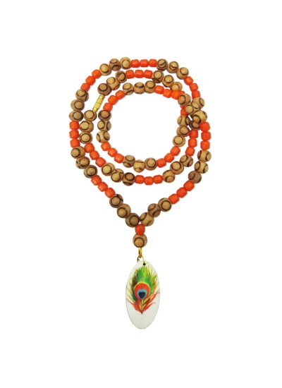 Religious Mayur Pankh Peacock Feather Wooden, Moonga Beads Mala Wood, Stone Pendant