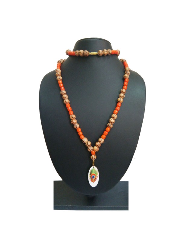 Religious Mayur Pankh Peacock Feather Wooden, Moonga Beads Mala Wood, Stone Pendant