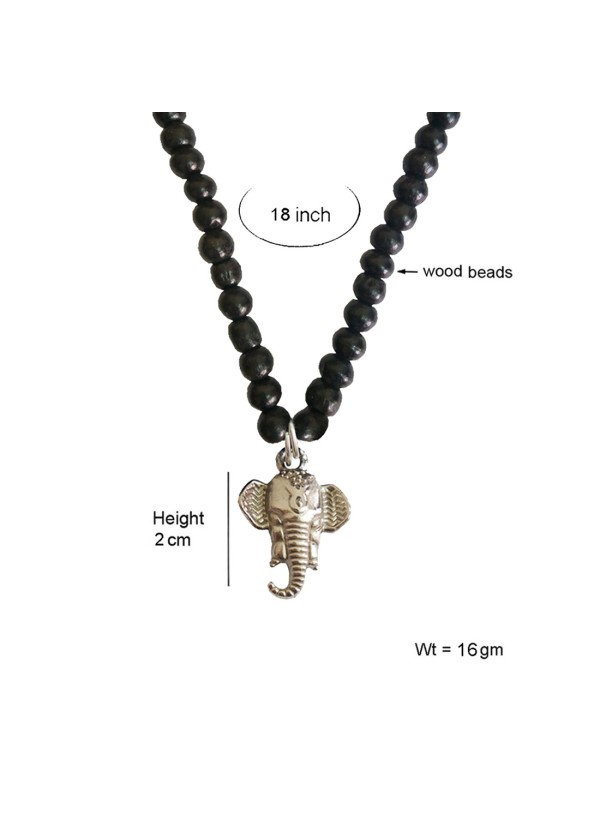 Shri Ganesha Pendant With Wood Beads Mala Beads Alloy, Wood Pendant