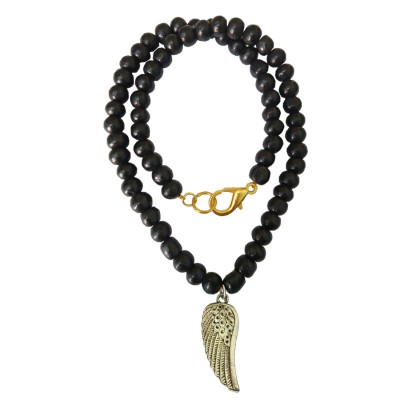 Bird Wing Pendant With Wood Beads Mala Beads Alloy, Wood Pendant