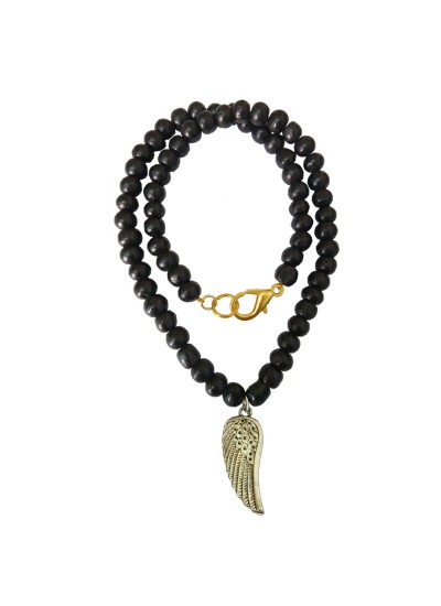 Bird Wing Pendant With Wood Beads Mala Beads Alloy, Wood Pendant