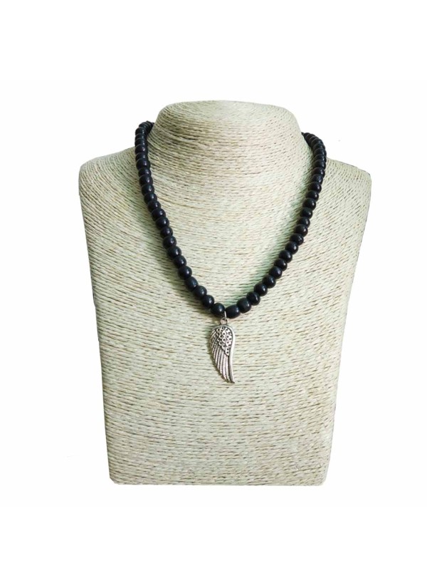 Bird Wing Pendant With Wood Beads Mala Beads Alloy, Wood Pendant