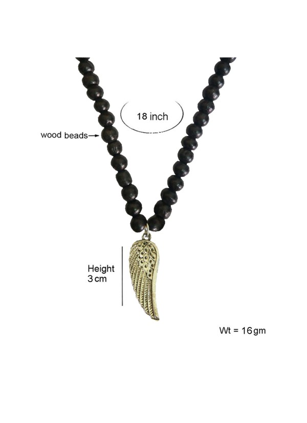 Bird Wing Pendant With Wood Beads Mala Beads Alloy, Wood Pendant