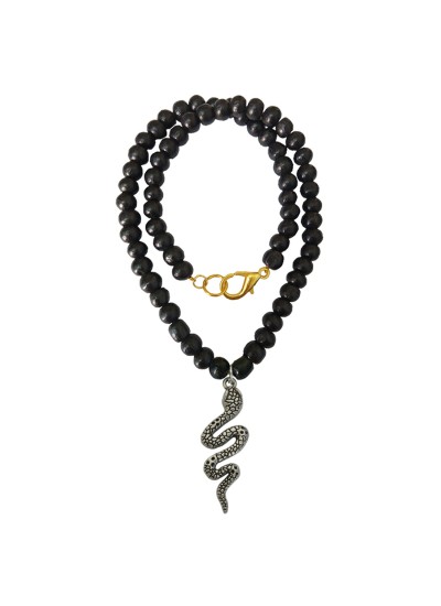 Snake Pendant With Wood Beads Mala Beads Alloy, Wood Pendant