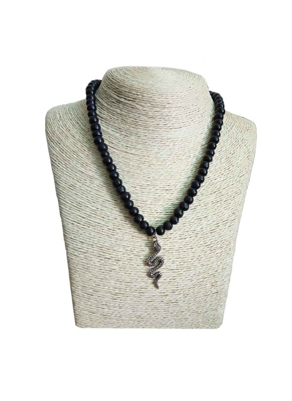 Snake Pendant With Wood Beads Mala Beads Alloy, Wood Pendant