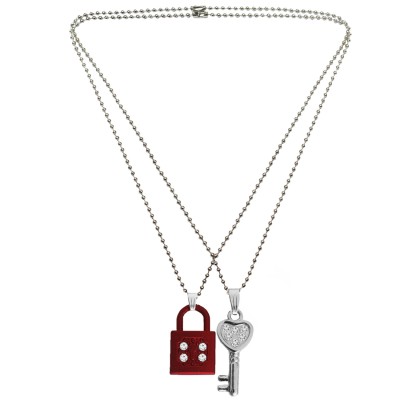 Menjewell Classic Couple Jewelley Silver & Maroon Eyecatching Lock With Key Pendant
