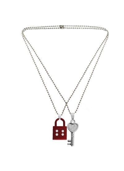 Menjewell Classic Couple Jewelley Silver & Maroon Eyecatching Lock With Key Pendant