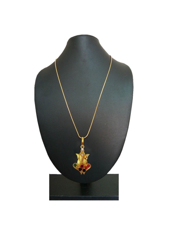 Navratna Ganesha Gold-plated Quartz Brass Pendant By Menjewell