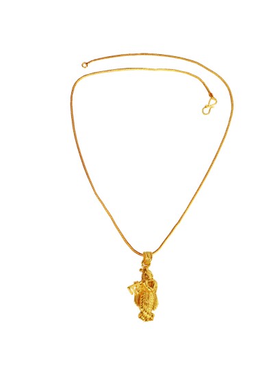 Gold Plated Shri Krishna Playing Flute Mini Pendant with Chain for Men & Boys