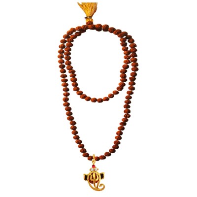 Rudraksha 108 Beads Mala With Stone Studded Lord Vakratunda Design Pendant Necklace Mala