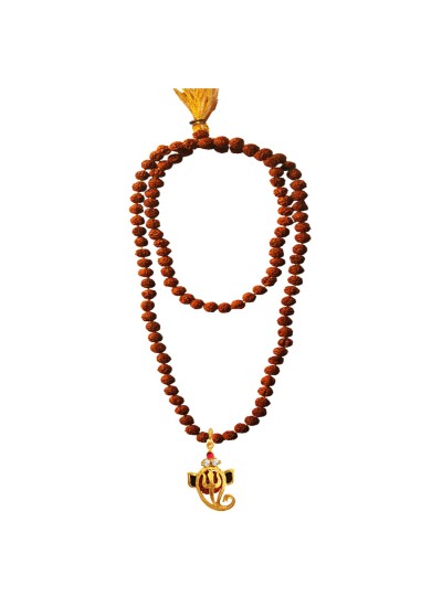 Rudraksha 108 Beads Mala With Stone Studded Lord Vakratunda Design Pendant Necklace Mala