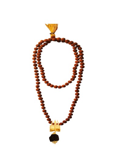 Rudraksha 108 Beads Mala With Lord Shiva Trishul Damru Design Pendant Necklace Mala