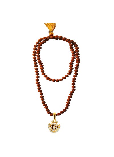 Rudraksha 108 Beads Mala With Stone Studded Lord Om Design Pandent Necklace Mala