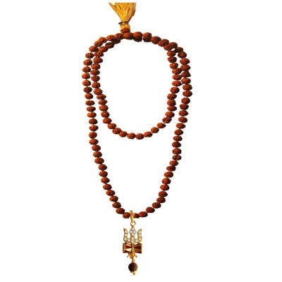 Rudraksha 108 Beads Mala With Stone Studded Lord Shiva Trishul Damru Design Pendant Necklace Mala