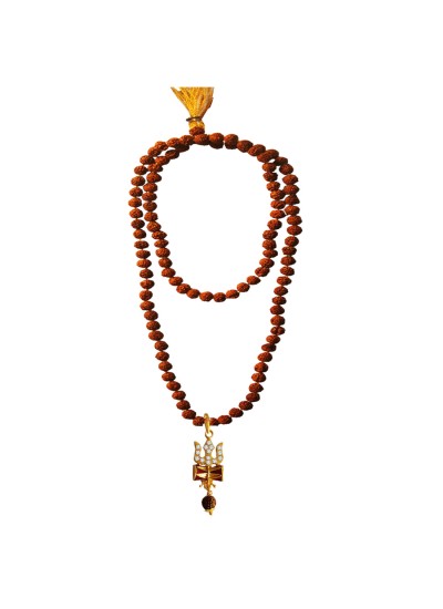 Rudraksha 108 Beads Mala With Stone Studded Lord Shiva Trishul Damru Design Pendant Necklace Mala