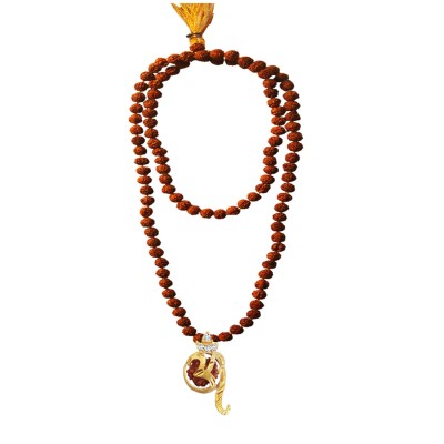 Rudraksha 108 Beads Mala With Stone Studded Lord Om Design Pendant Necklace Mala