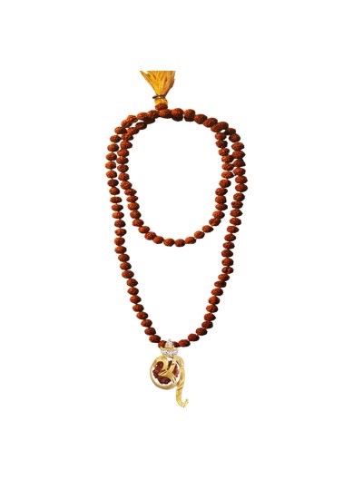 Rudraksha 108 Beads Mala With Stone Studded Lord Om Design Pendant Necklace Mala