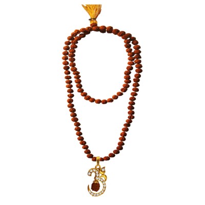 Rudraksha 108 Beads Mala With Stone Studded Lord Om Design Pendant Necklace Mala
