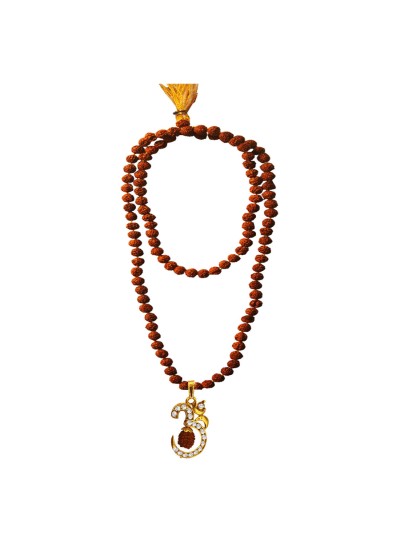 Rudraksha 108 Beads Mala With Stone Studded Lord Om Design Pendant Necklace Mala