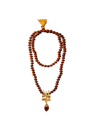 Rudraksha 108 Beads Mala With Lord Shiva Trishul Damru Design Pendant Necklace Mala