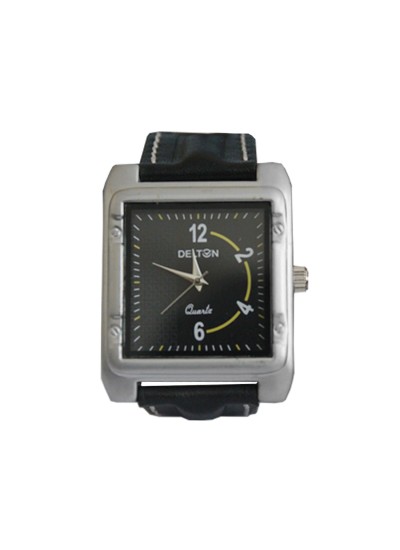 Menjewell Stylish Black Leather Belt Silver Square Dial (Water Resistance- DELTON Watch - For Men