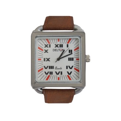 Menjewell Trendy Brown Leather Belt Silver Square Dial (Water Resistance- DELTON Watch - For Men