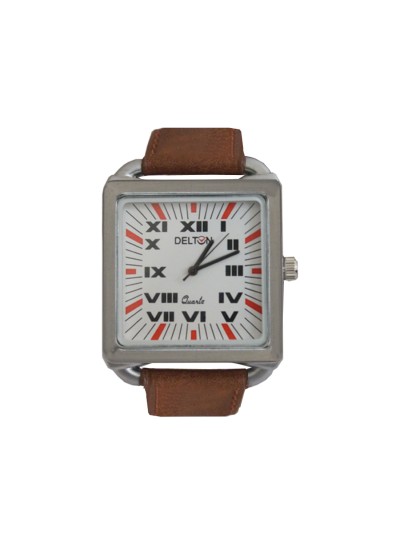 Menjewell Trendy Brown Leather Belt Silver Square Dial (Water Resistance- DELTON Watch - For Men