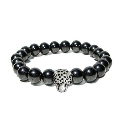 Menjewell Beads Collection Black::Silver Lion Head Hamatite Beads Style Beaded Bracelet For Men 