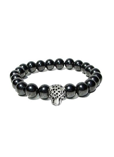 Menjewell Beads Collection Black::Silver Lion Head Hamatite Beads Style Beaded Bracelet For Men 