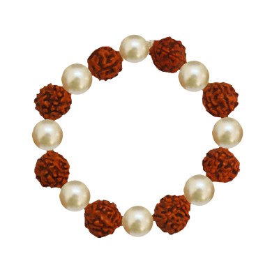 Menjewell Brown::White Panch Mukhi wood Rudraksha and pearl Combination Rudraksha Bracelet